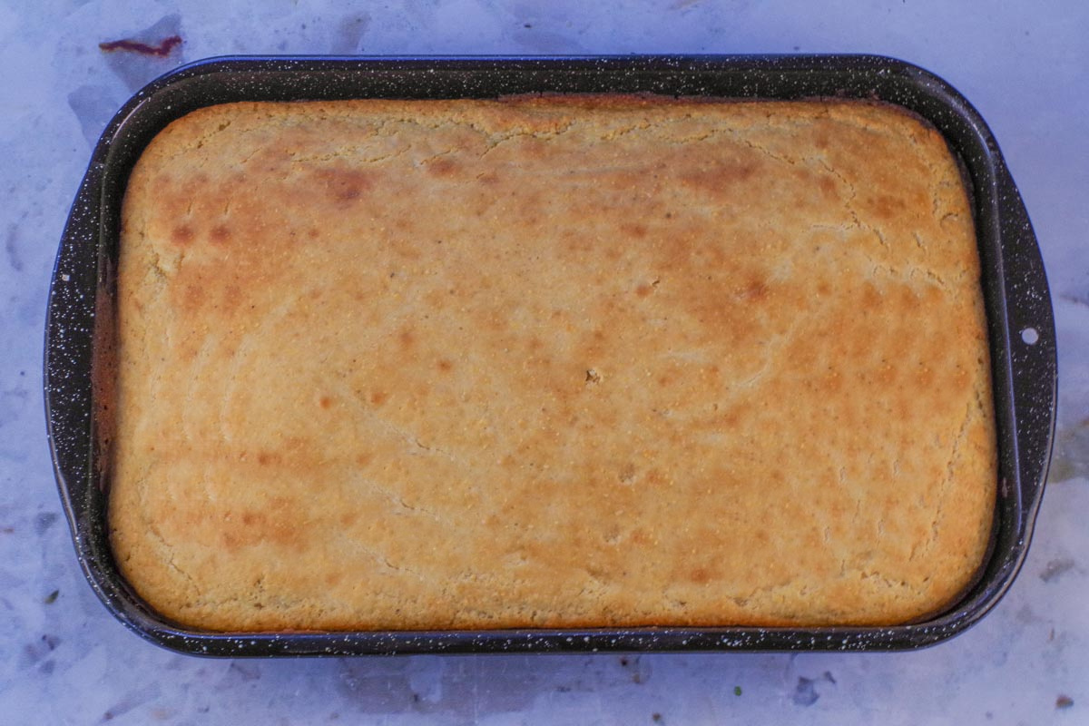 Baked cornbread in a 9x11 pan.